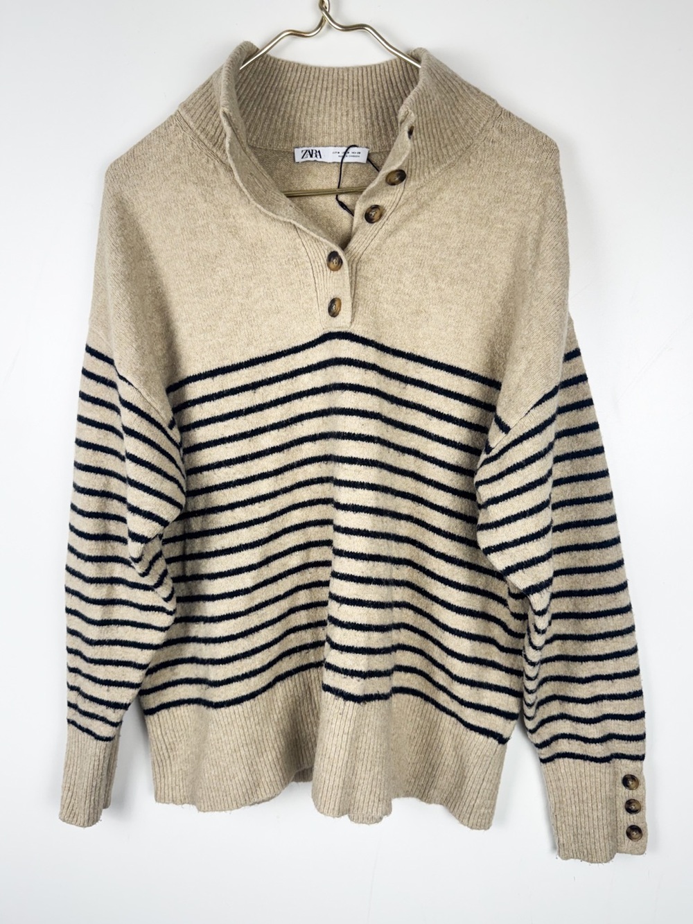 ZARA Women’s Striped Knit Mock Neck Button Pullover Sweater Long Sleeve Sz M